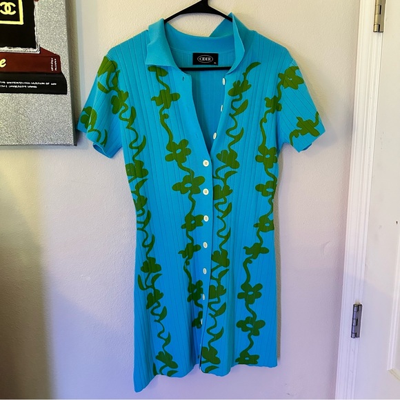 Blue and green floral print ribbed dress with buttons - Picture 5 of 9